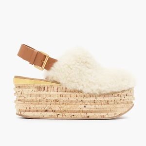 NWOT Chloe Camille Wedge Mules Fur Cork Leather Beige Sandals Shoes
